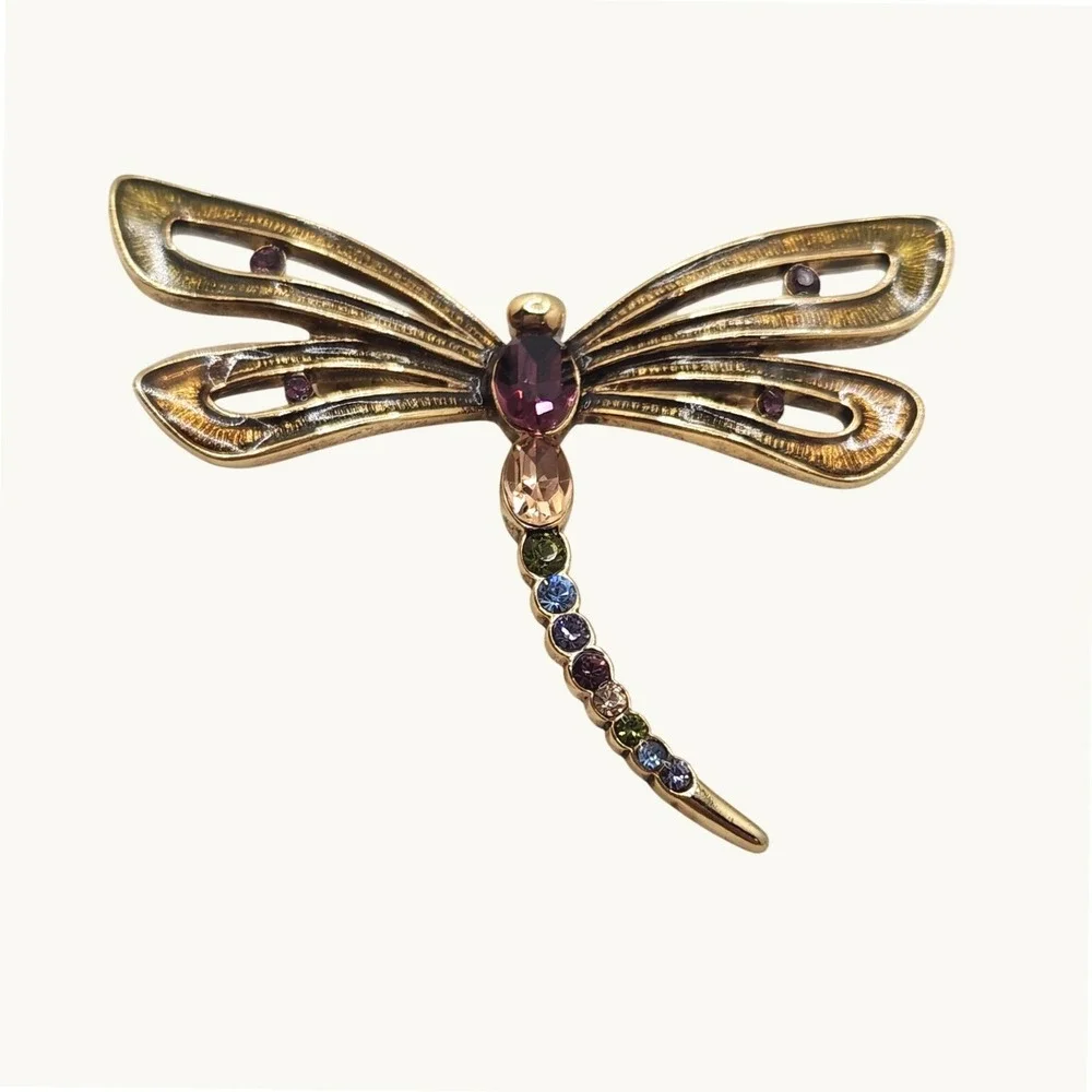 Monet Vintage Crystal Enamel Dragonfly Brooch Pin Signed Cottagecore Collectible